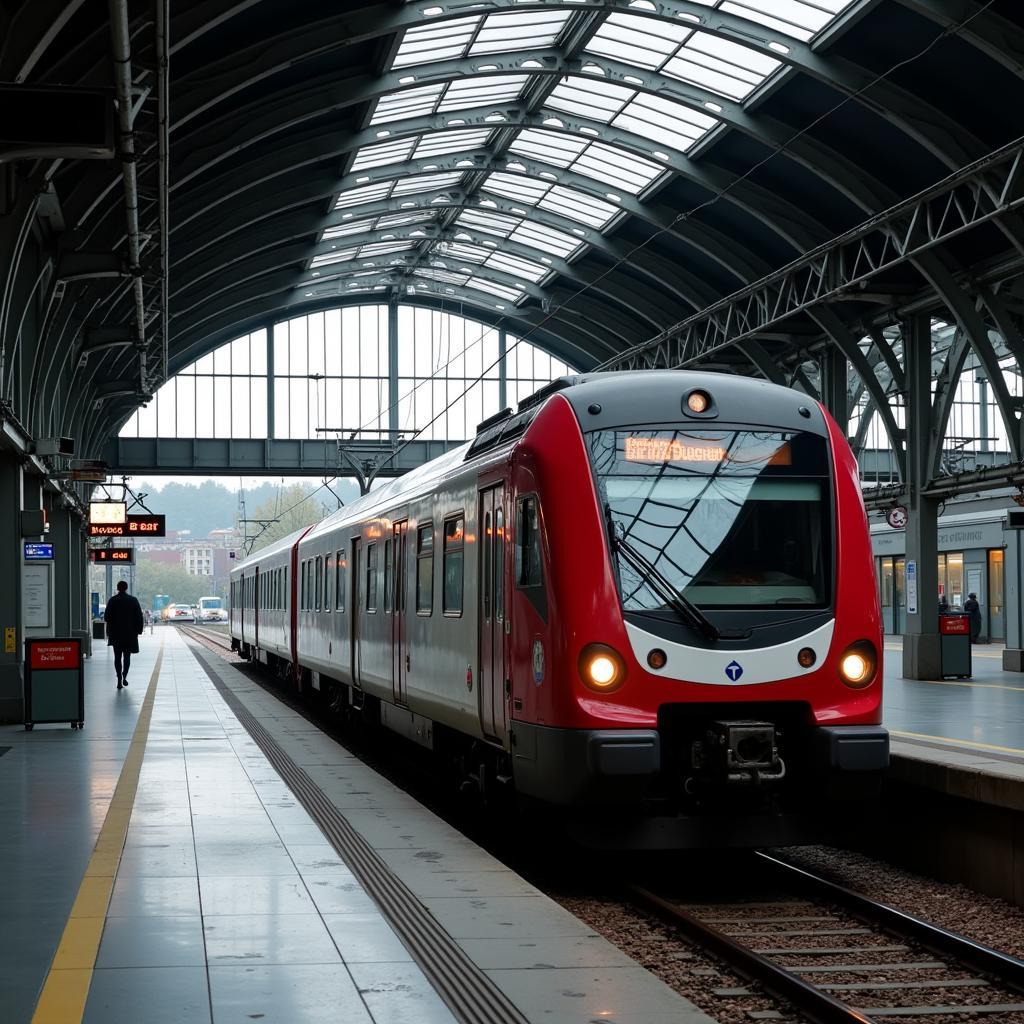 Bahnhof Leverkusen Mitte mit Zug Richtung Düsseldorf