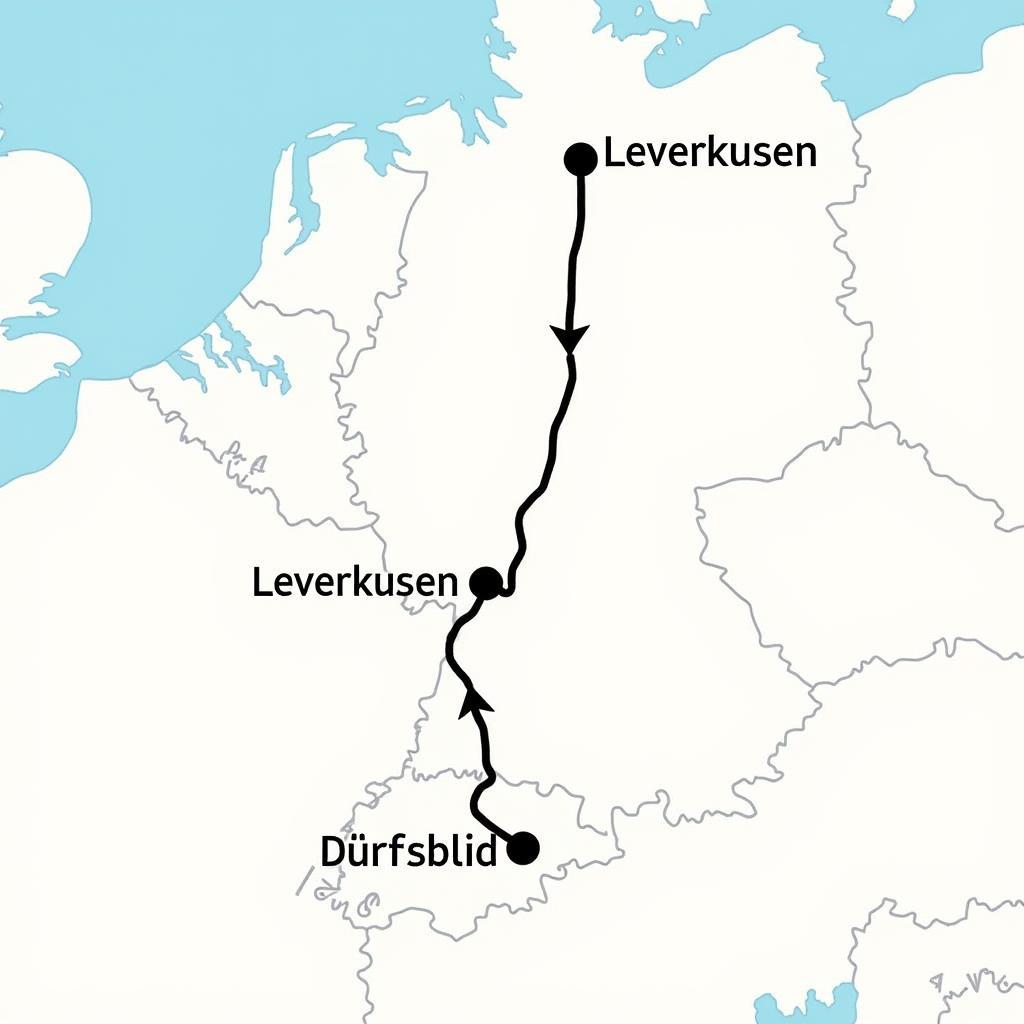 Karte mit der Route zwischen Leverkusen und Düsseldorf