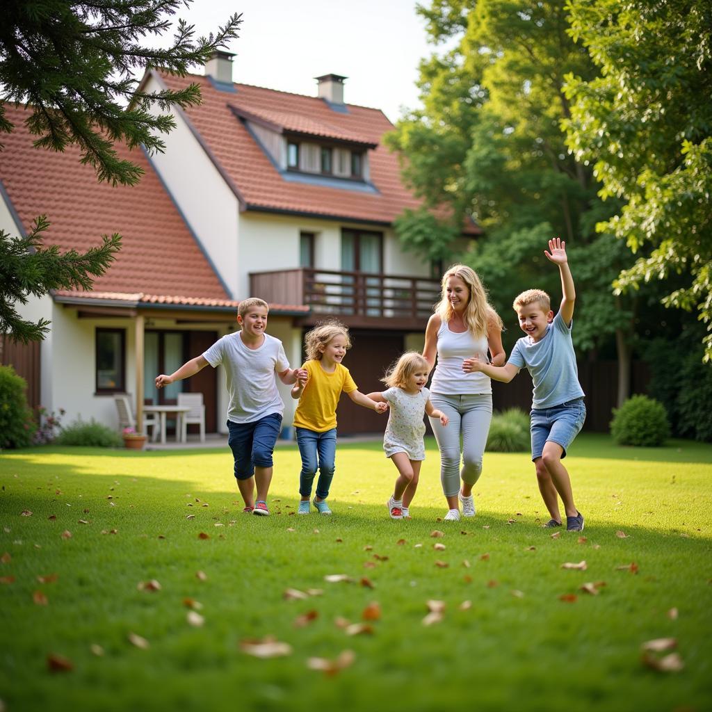 Glückliche Familie spielt im Garten ihres Hauses in Leverkusen Schlebusch.