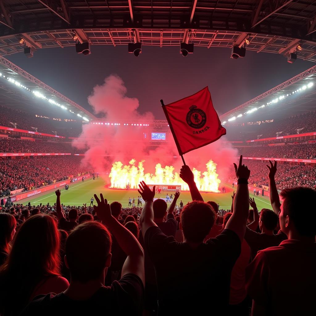 Fans in der BayArena bei einem Champions League Spiel