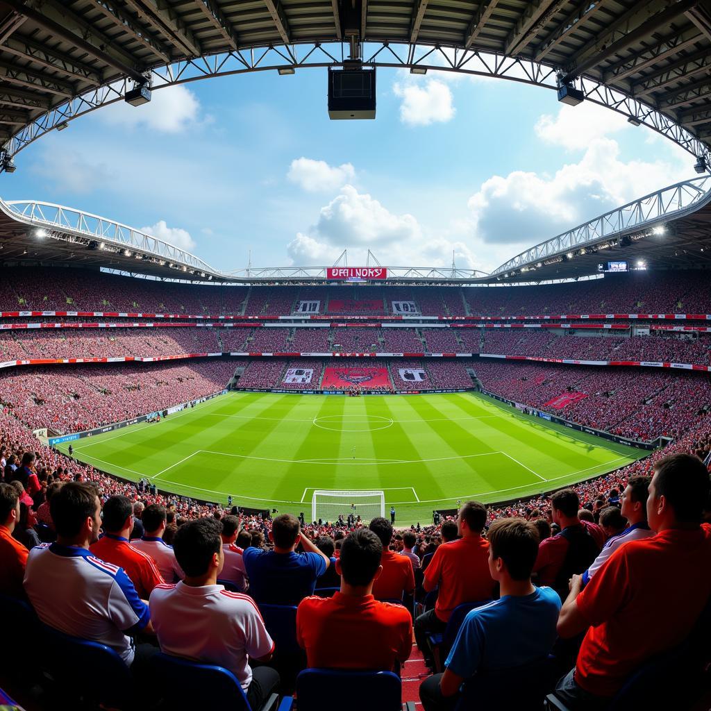 Fans von Bayer 04 Leverkusen und Borussia Dortmund im Stadion.