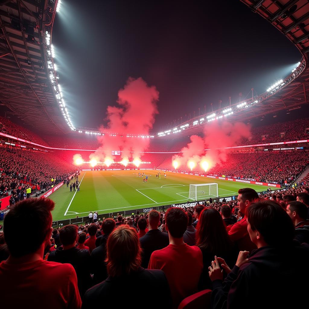 Die elektrisierende Atmosphäre im Stadion beim Derby zwischen Bayer Leverkusen und 1. FC Köln.