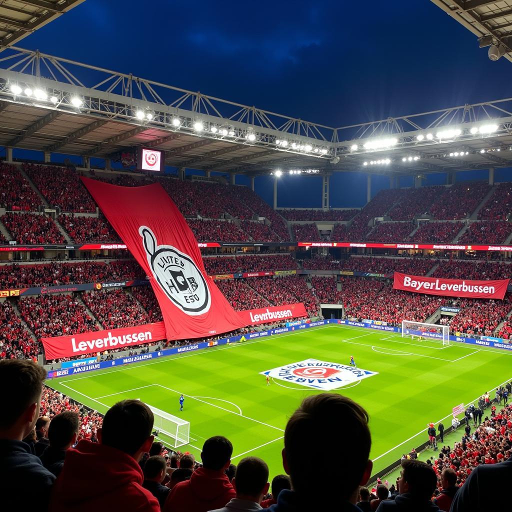 Fans von Bayer 04 Leverkusen feiern im Stadion