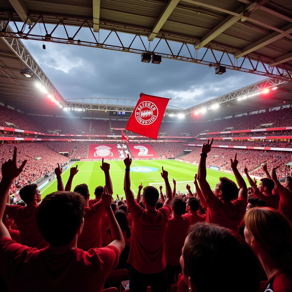 Fans von Bayer Leverkusen feiern in der BayArena.