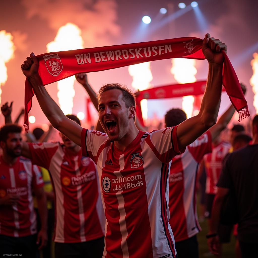 Jubelnde Bayer Leverkusen Fans nach dem Sieg gegen AS Roma.