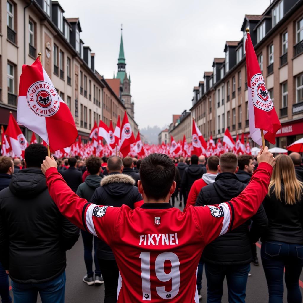 Fans von Bayer 04 Leverkusen auf der Hauptstraße