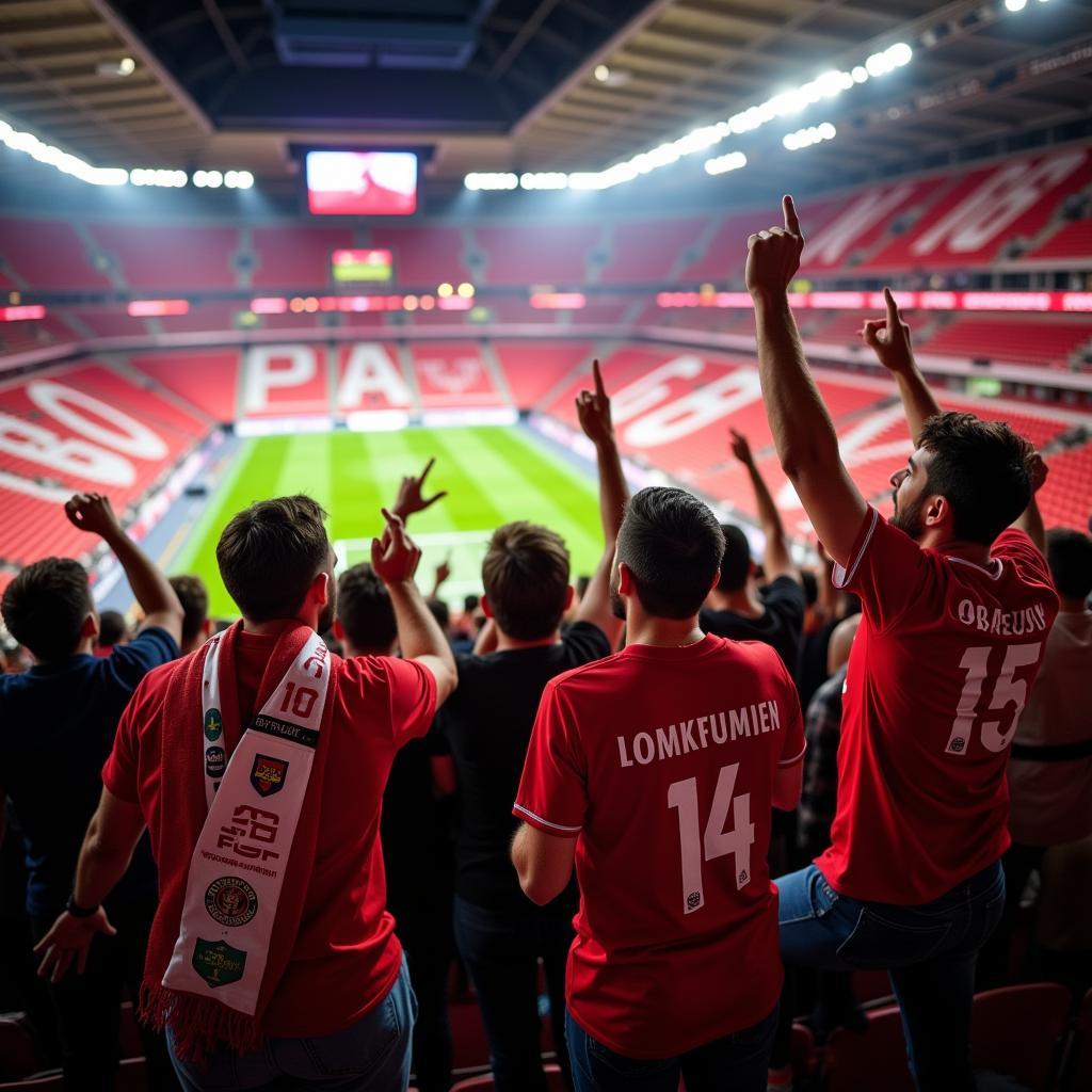 Jubelnde Fans im BayArena am Weidenbusch 41.