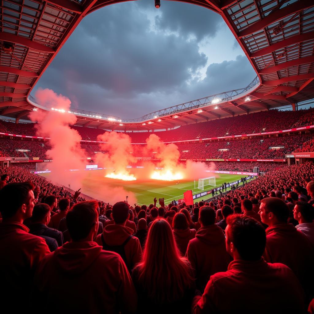 Fans von 1. FC Köln und Bayer Leverkusen im Stadion. Die Atmosphäre ist elektrisierend.