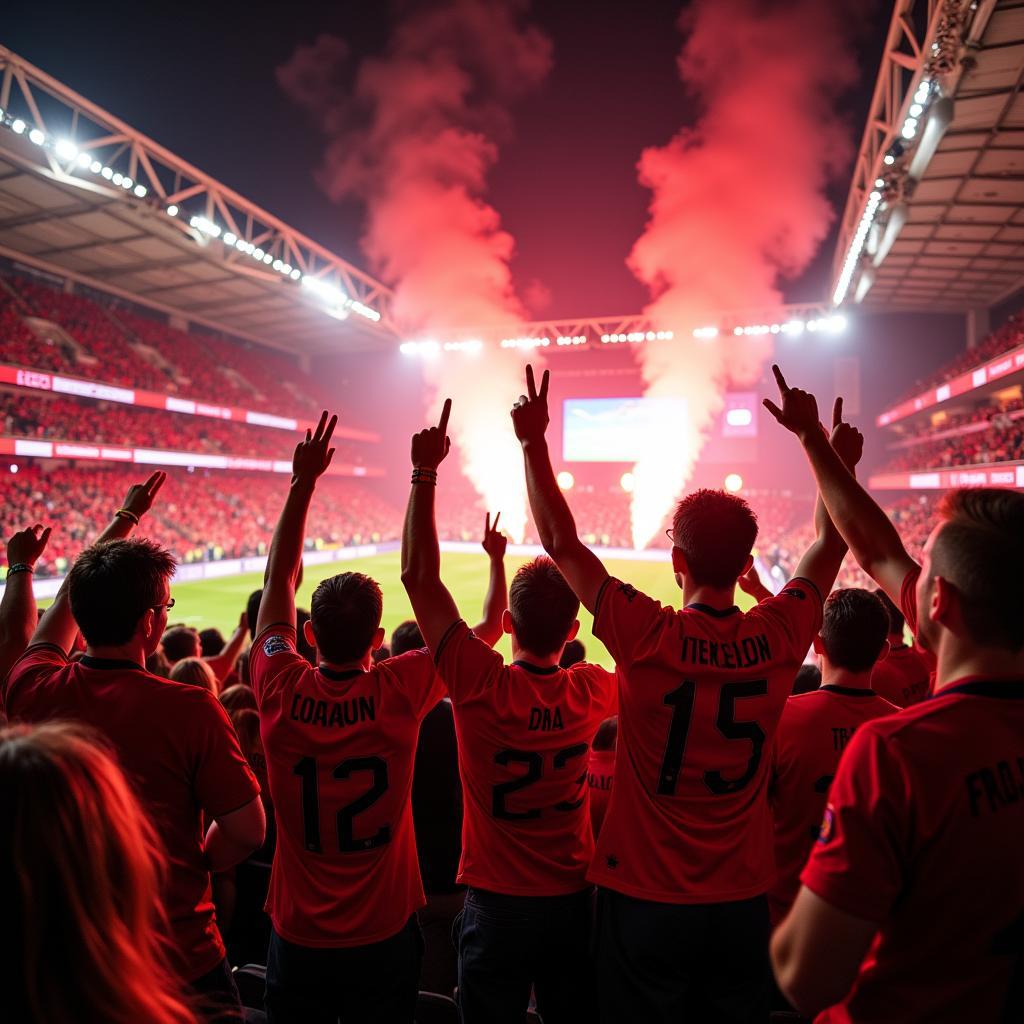 Fans von Leverkusen jubeln im Stadion.