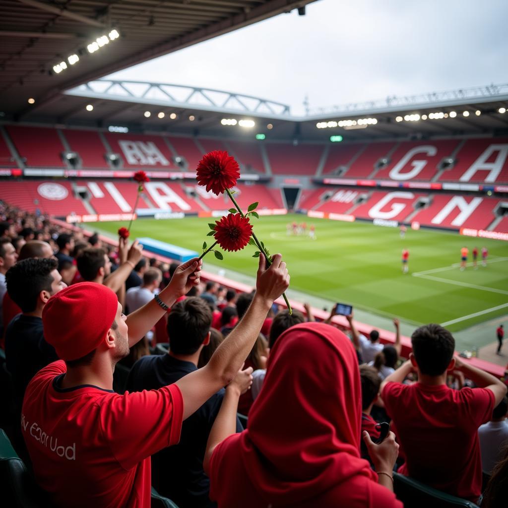 Fans mit Blumen in der BayArena