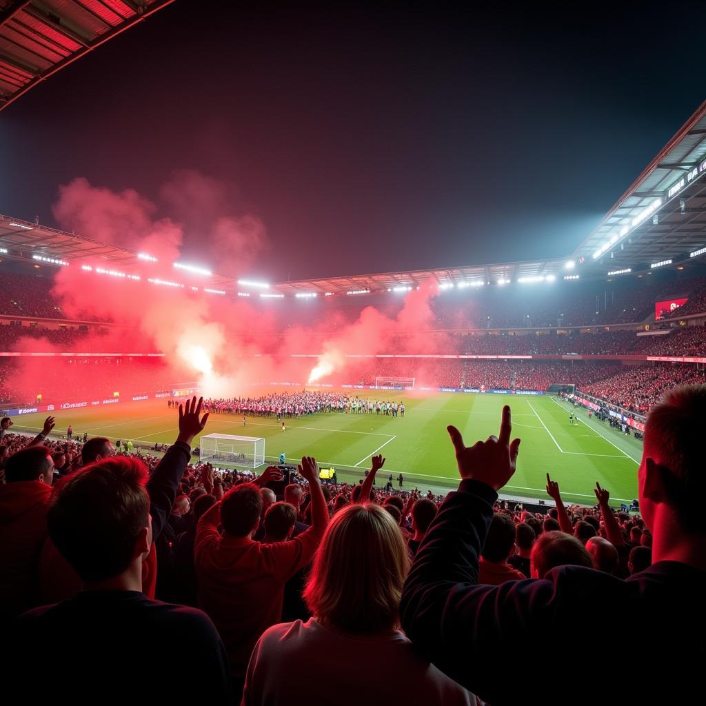 Die Fans im Stadion am 17.12.96 bei Bayer Leverkusen Spiel