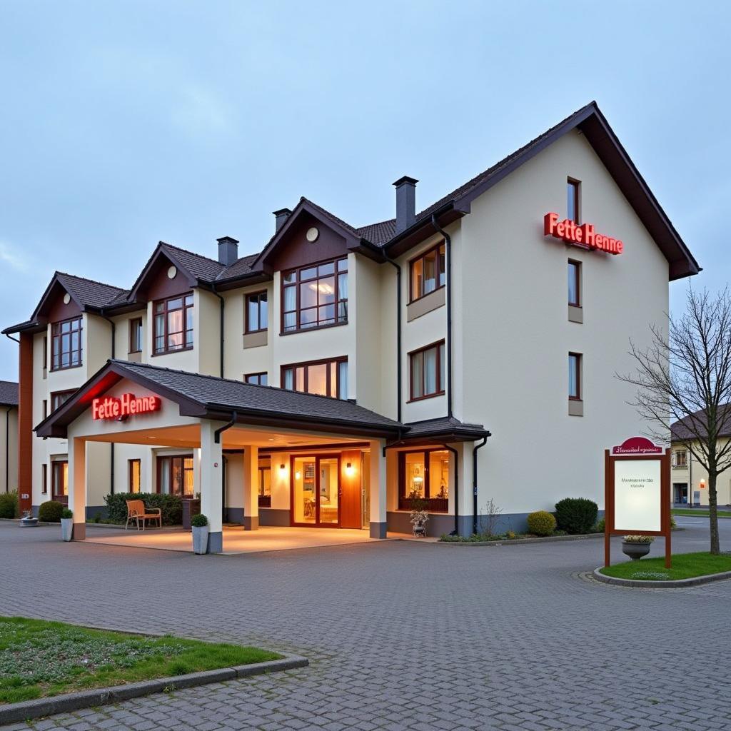 Außenansicht des Fette Henne Hotels in Leverkusen mit Blick auf den Eingangsbereich und den Parkplatz.