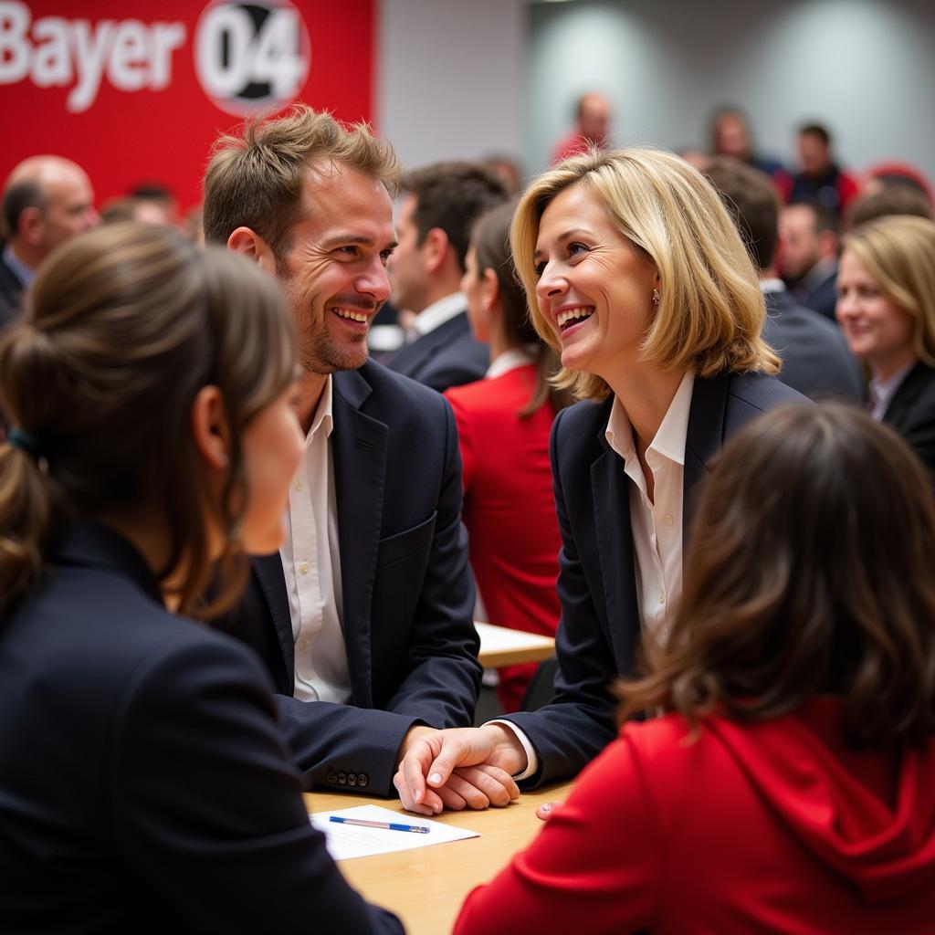 Frau Wiemers im Austausch mit Bayer 04 Fans.