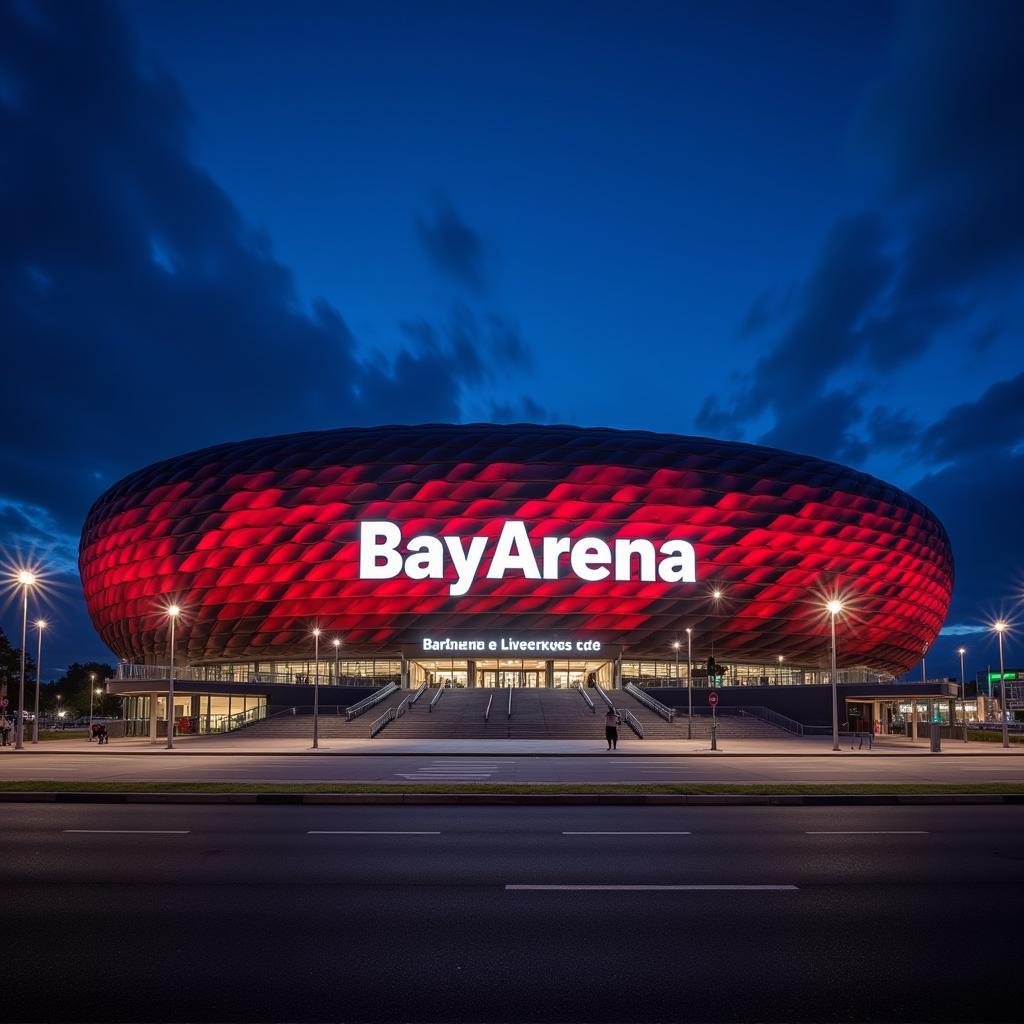 Aussenansicht der BayArena in Leverkusen bei Nacht