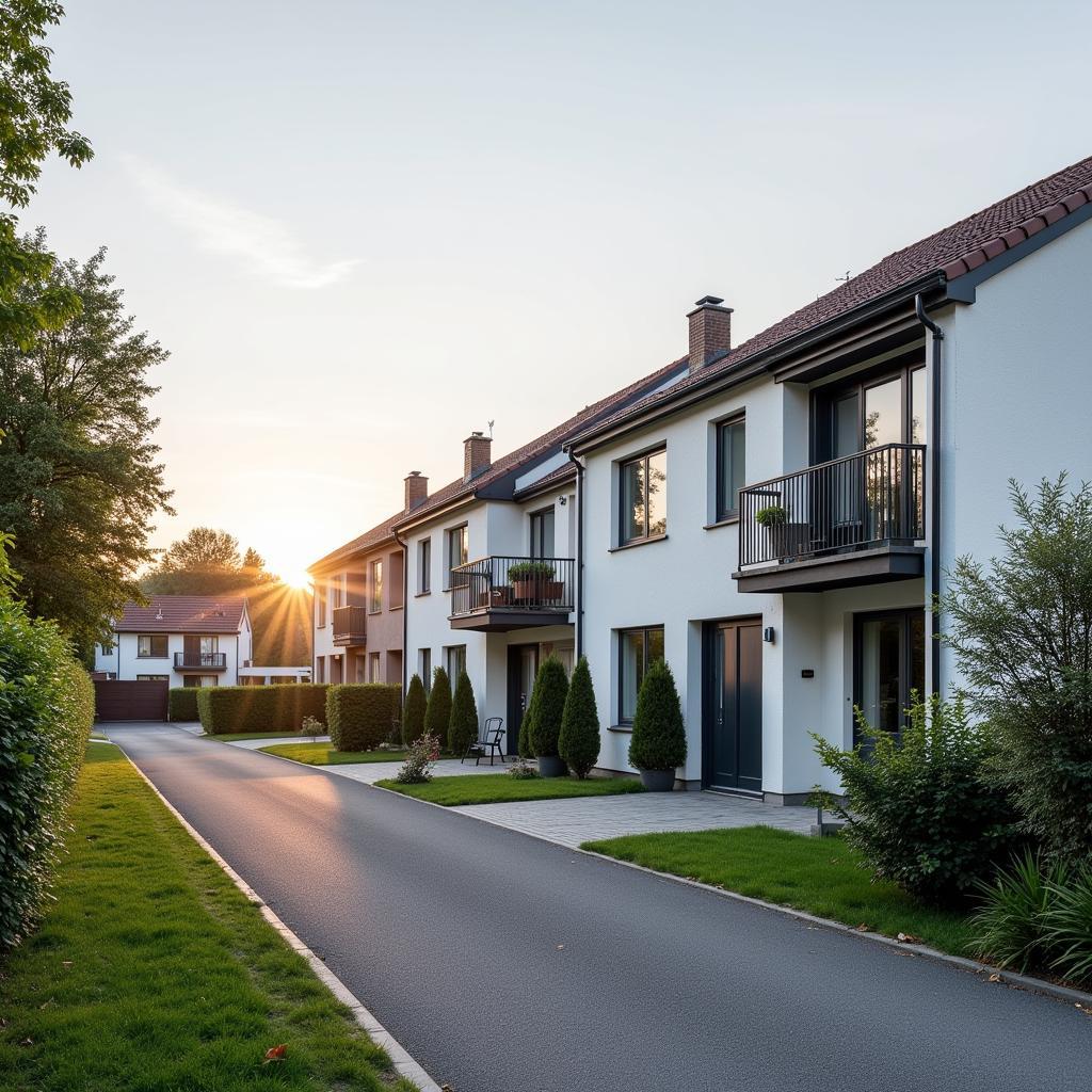 Moderne Wohnhäuser in einer ruhigen Straße in Leverkusen Schlebusch.