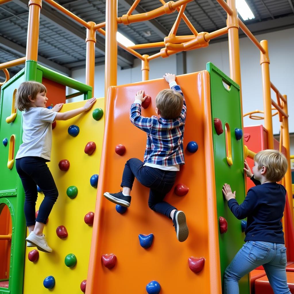 Kinder klettern auf einem Klettergerüst im Indoorspielplatz Leverkusen.