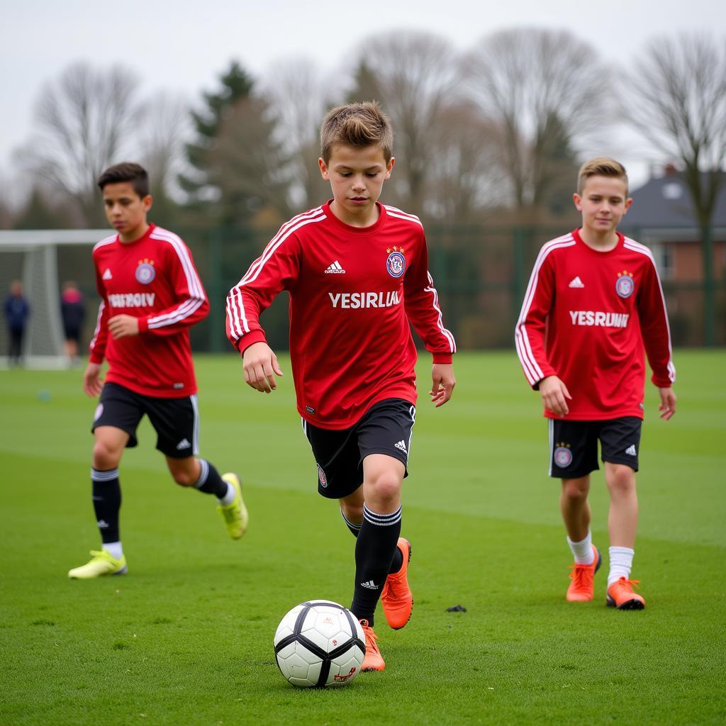 Junge Fußballspieler trainieren im Trikot von Bayer Leverkusen.