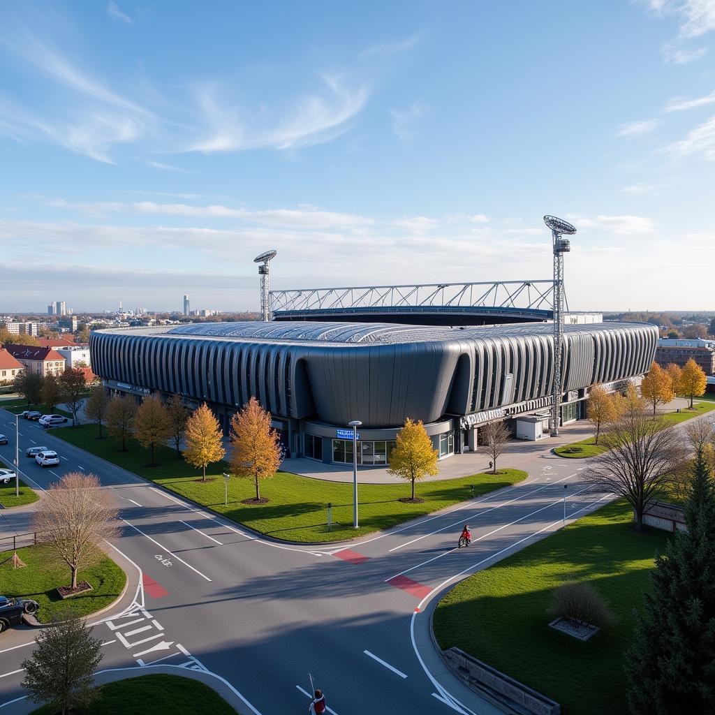 Die BayArena in Leverkusen, in der Nähe der Am Grünewald Strasse