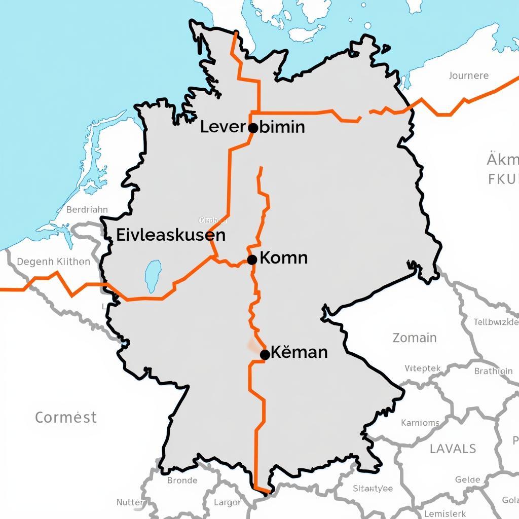 Karte der Region Leverkusen-Köln mit hervorgehobenen Verkehrsverbindungen.