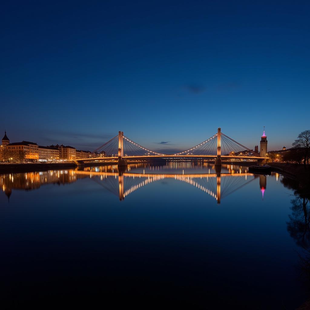 Panoramablick auf die Rheinbrücke in Leverkusen bei Nacht.