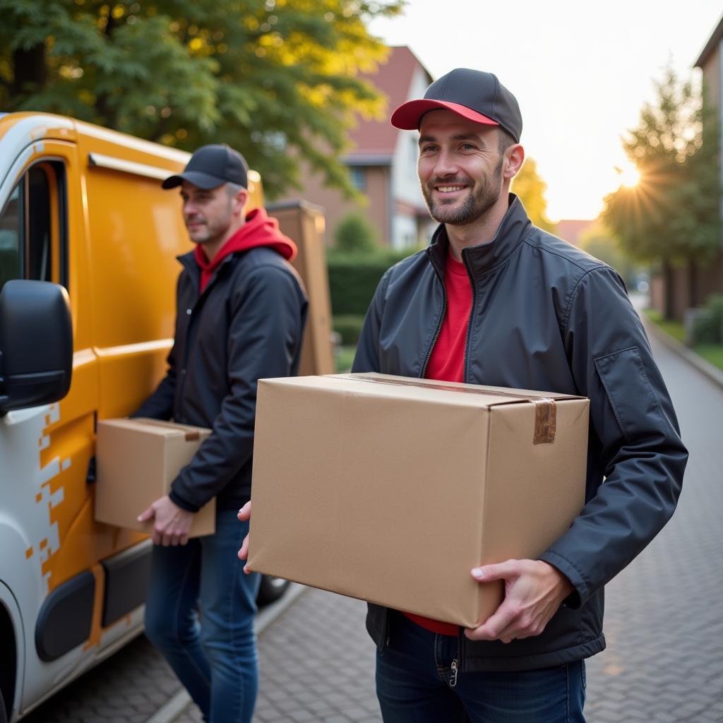 Ein Paketdienst-Mitarbeiter liefert ein Paket in Leverkusen Wiesdorf aus.