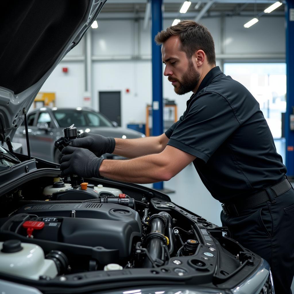 Mechaniker arbeitet in einer Werkstatt in Leverkusen