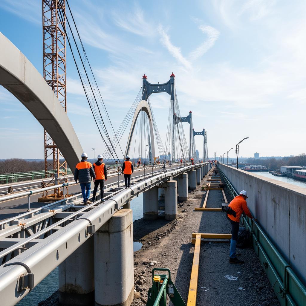 Bauarbeiter arbeiten an der neuen Leverkusener Brücke.