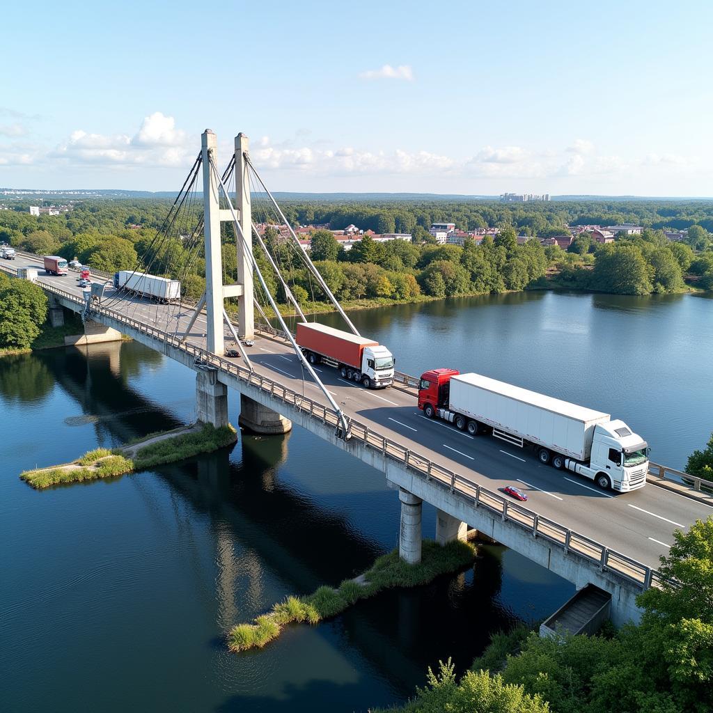 LKWs fahren über die neue Leverkusener Brücke, symbolisch für die wirtschaftliche Bedeutung.