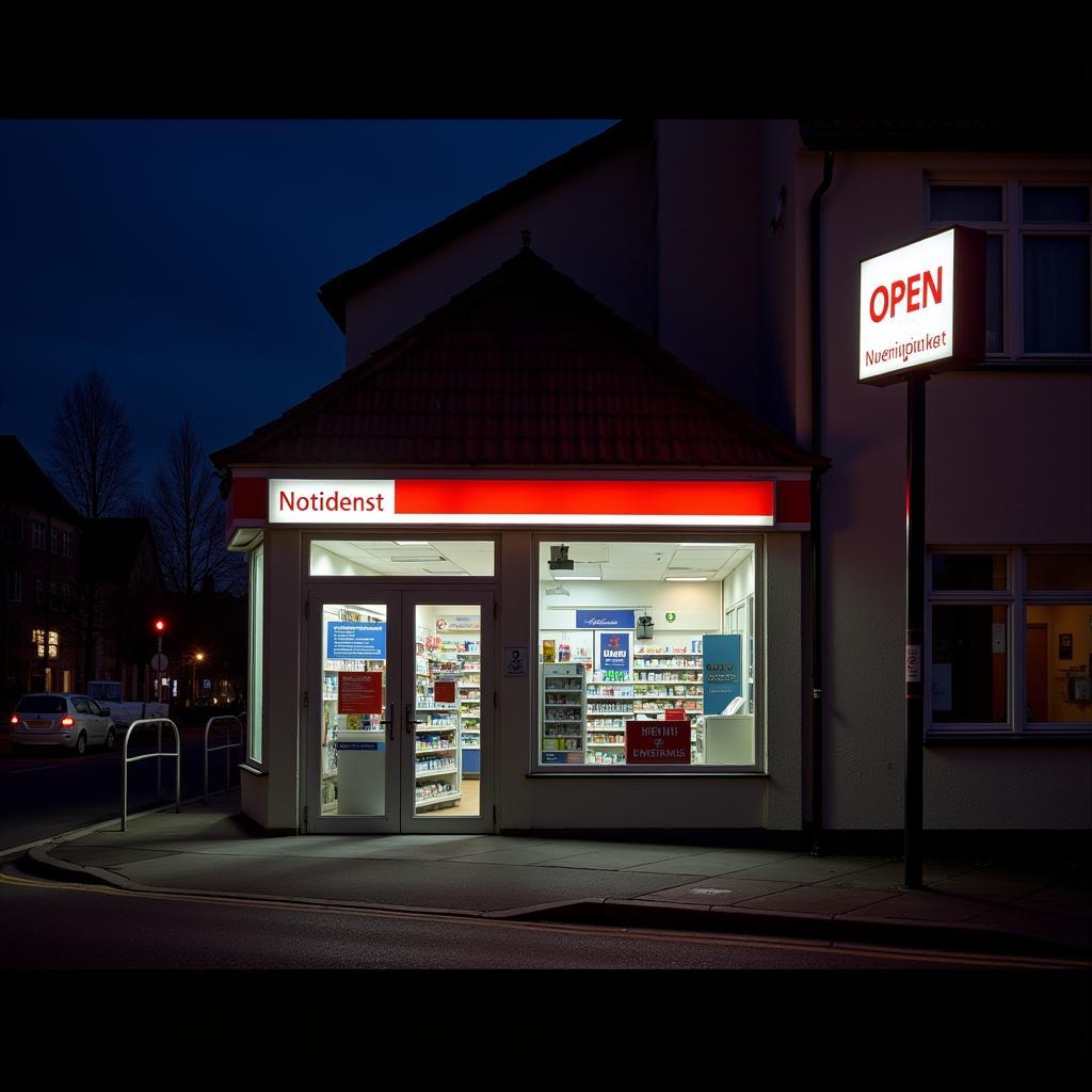 Notdienst Apotheke in Leverkusen bei Nacht:  Eine beleuchtete Apotheke mit dem Notdienst-Schild.