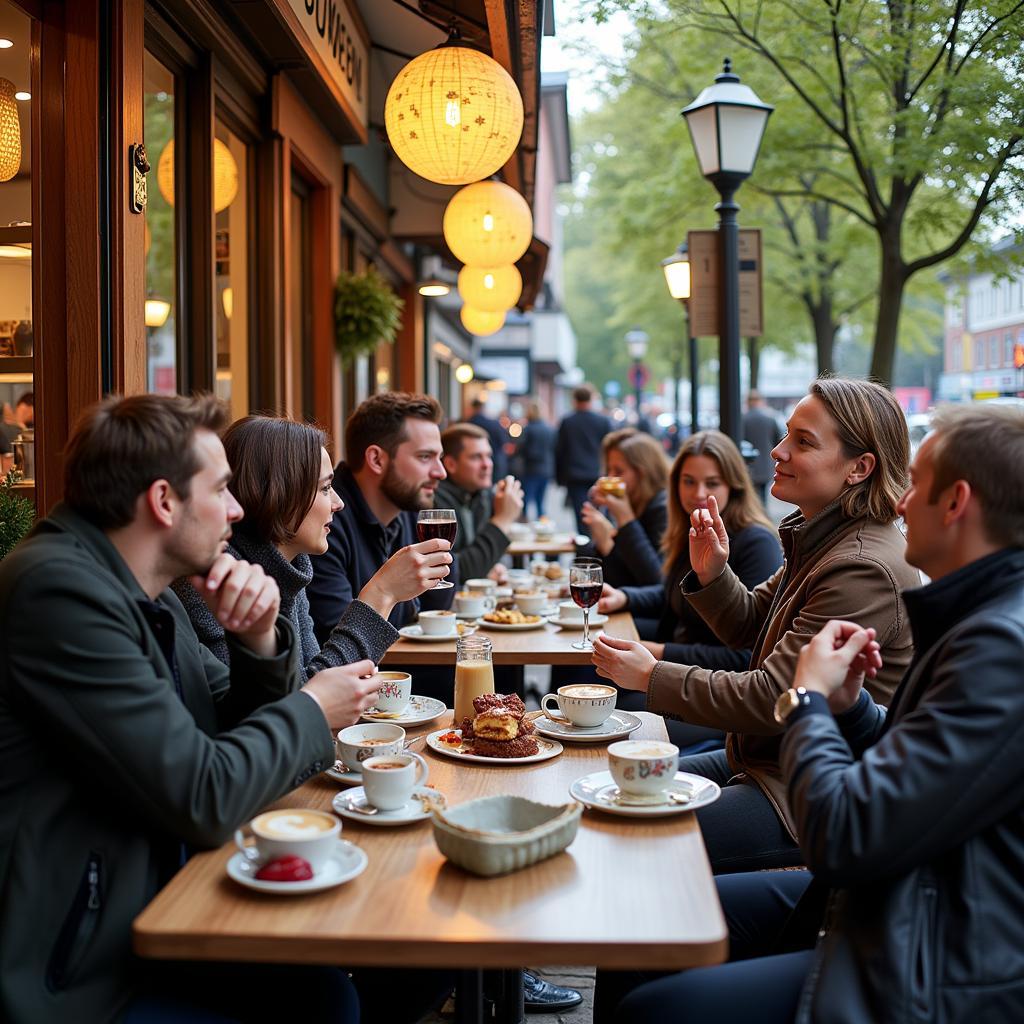 Menschen sitzen in einem Straßencafé in Leverkusen und genießen Kaffee und Kuchen an einem verkaufsoffenen Sonntag.