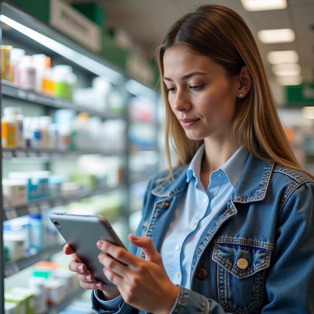 Online Apotheke Leverkusen Bestellung: Eine Frau bestellt Medikamente online über ihr Tablet.