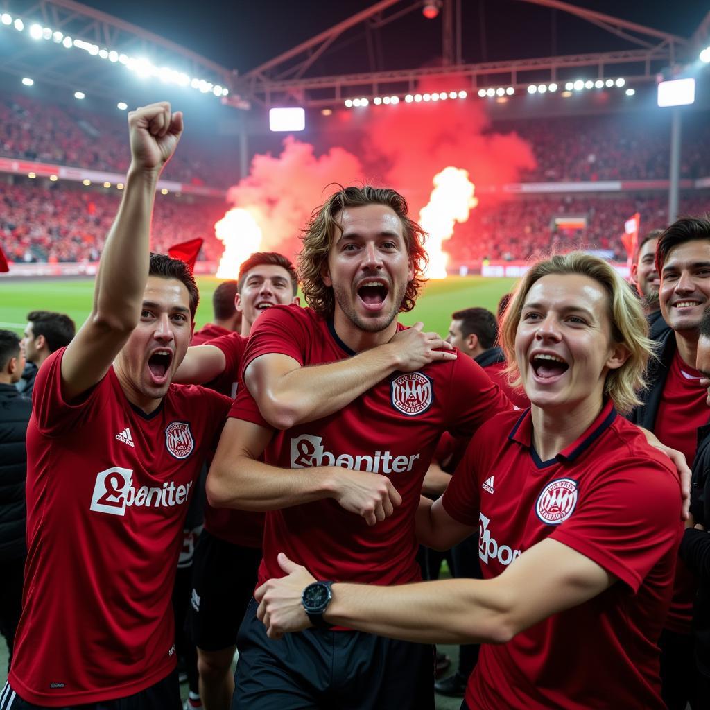 Fans jubeln auf dem Spielfeld nach einem Bayer Leverkusen Spiel