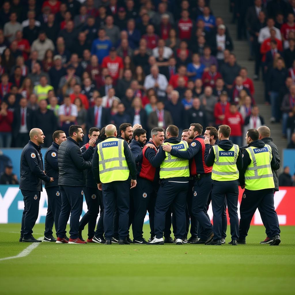 Sicherheitskräfte greifen ein bei einem Platzsturm in der BayArena