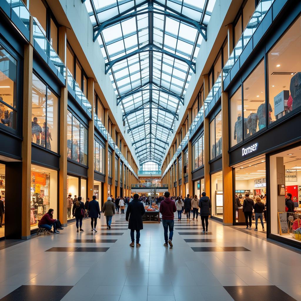 Einkaufszentrum Rathaus Galerie Leverkusen mit vielen Geschäften und Besuchern.