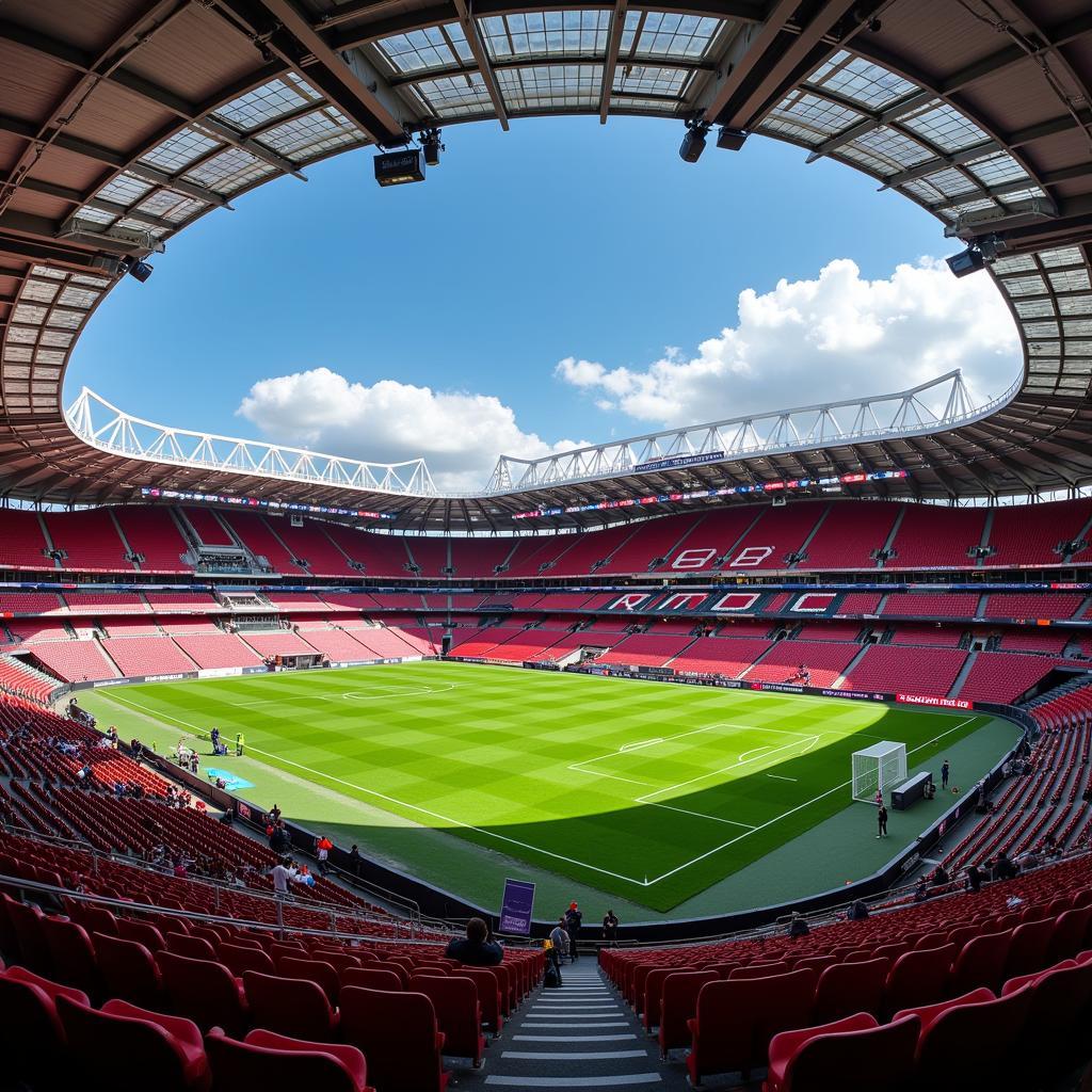 Das imposante BayArena Stadion in Leverkusen, Heimat des RBL Leverkusen.