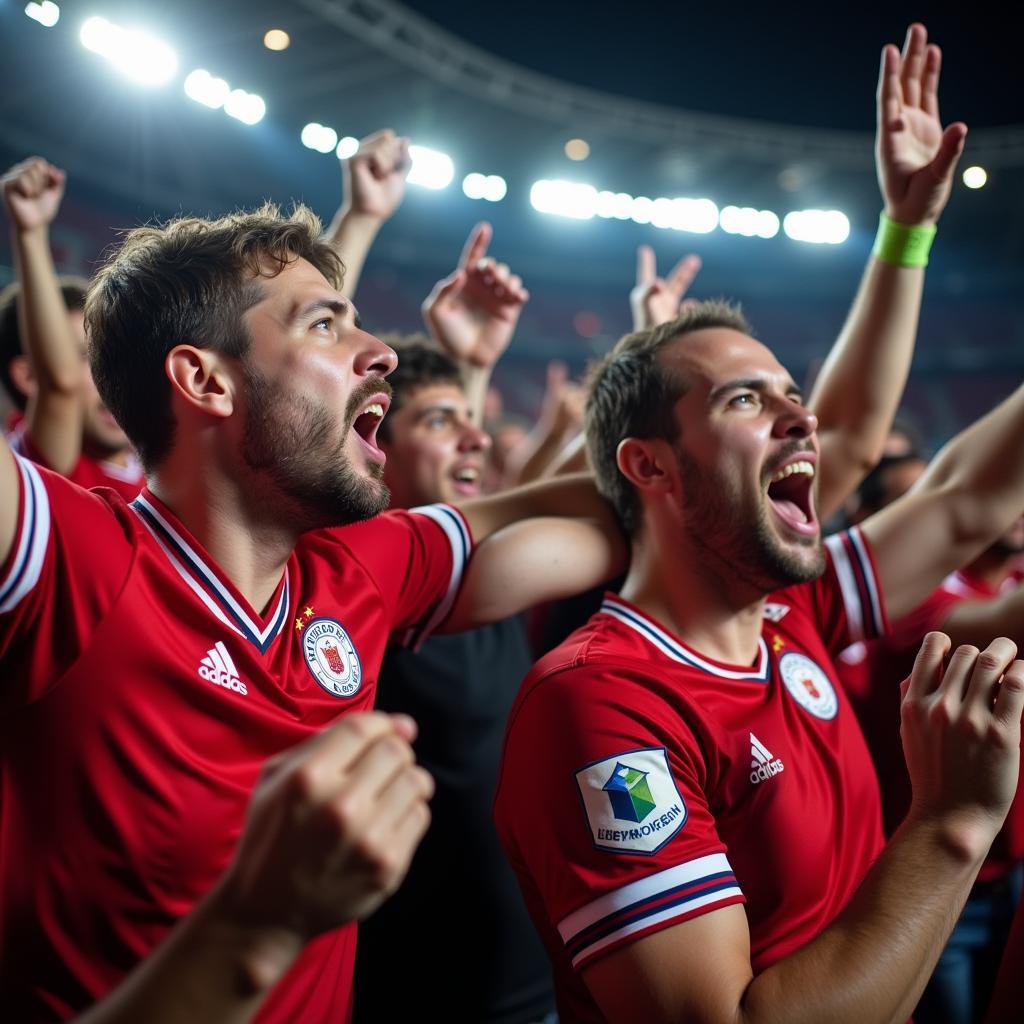 Fans des RBL Leverkusen bejubeln ein Tor.