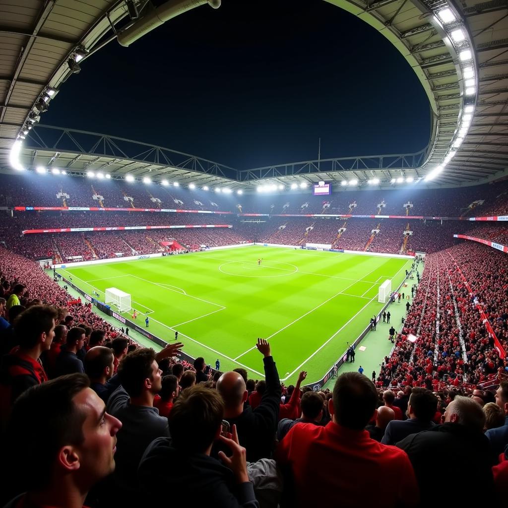 Modernes Fußballstadion in Leverkusen mit jubelnden Fans.