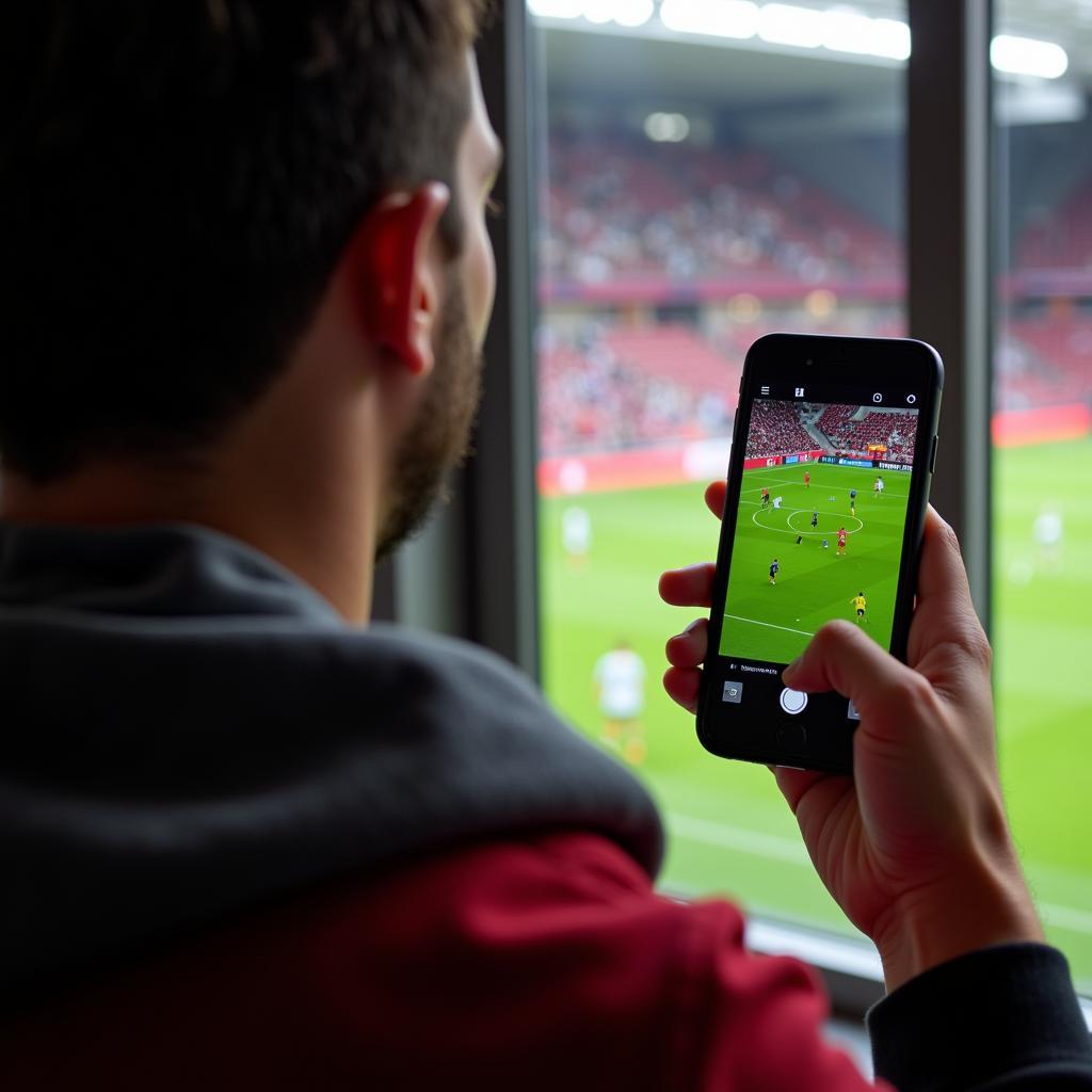 RTL Live Stream Leverkusen:  Fan schaut das Spiel auf seinem Smartphone.