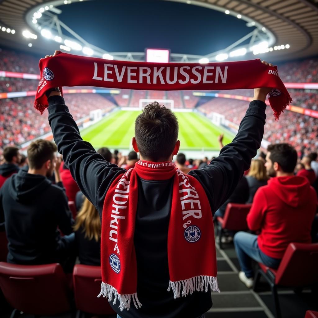 Bayer Leverkusen Fan mit Schal im Stadion