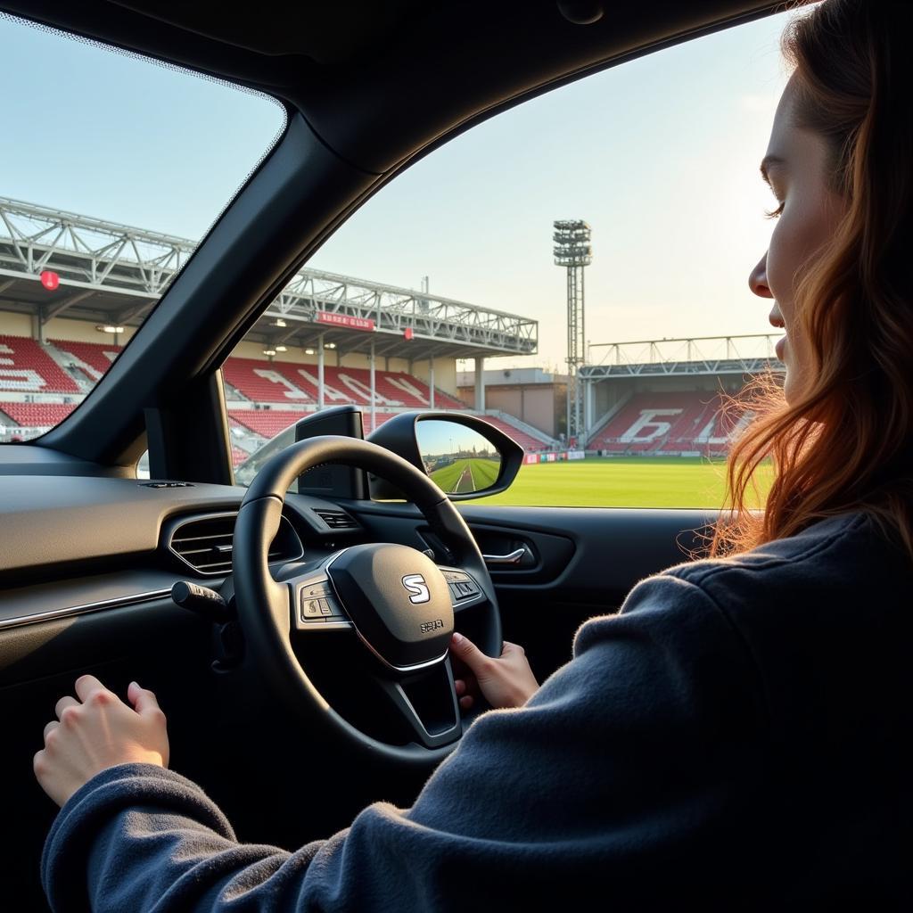 Probefahrt mit einem SEAT in Leverkusen, mit dem Stadion im Hintergrund