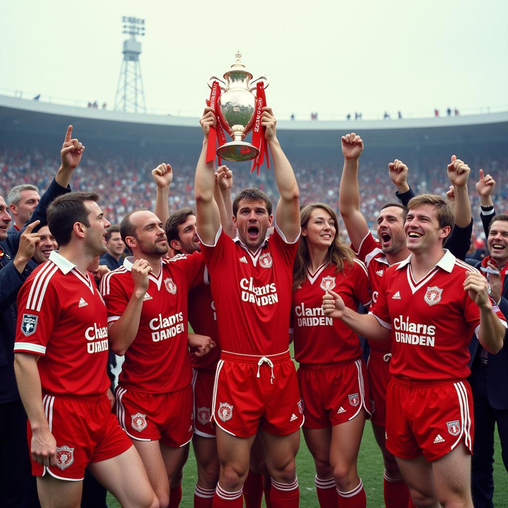 Die Spieler von Bayer 04 Leverkusen feiern den UEFA-Cup-Sieg 1988