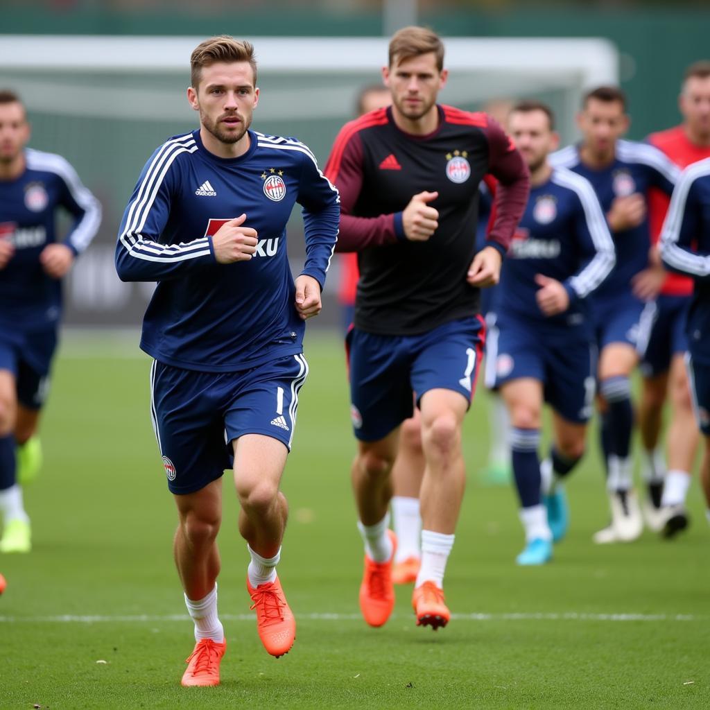 Spieler von Bayer Leverkusen beim Staffellauf: Intensive Trainingseinheit zur Verbesserung der Ausdauer.