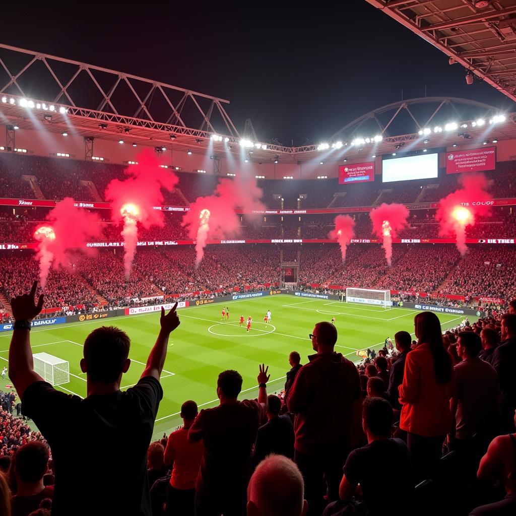 Leverkusen Fans im Stadion BayArena jubeln.