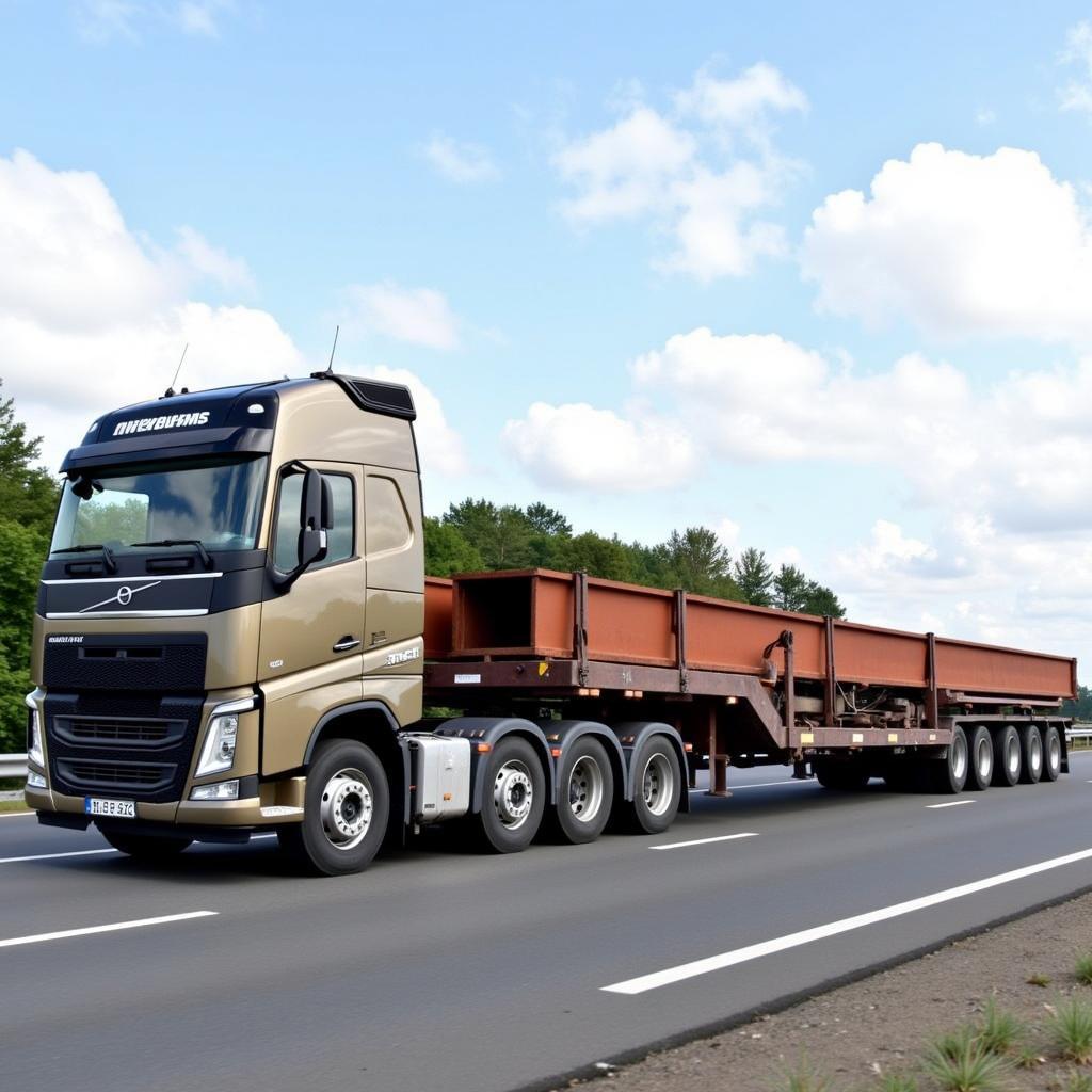 Stahllieferung für die Rheinbrücke Leverkusen: LKW transportiert Stahlträger über die Autobahn.