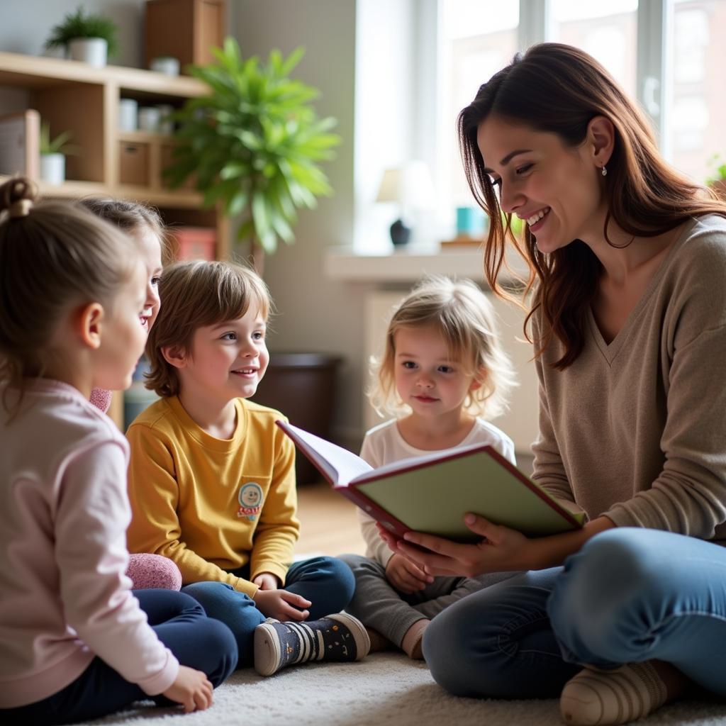 Tagesmutter liest Kindern in Leverkusen vor