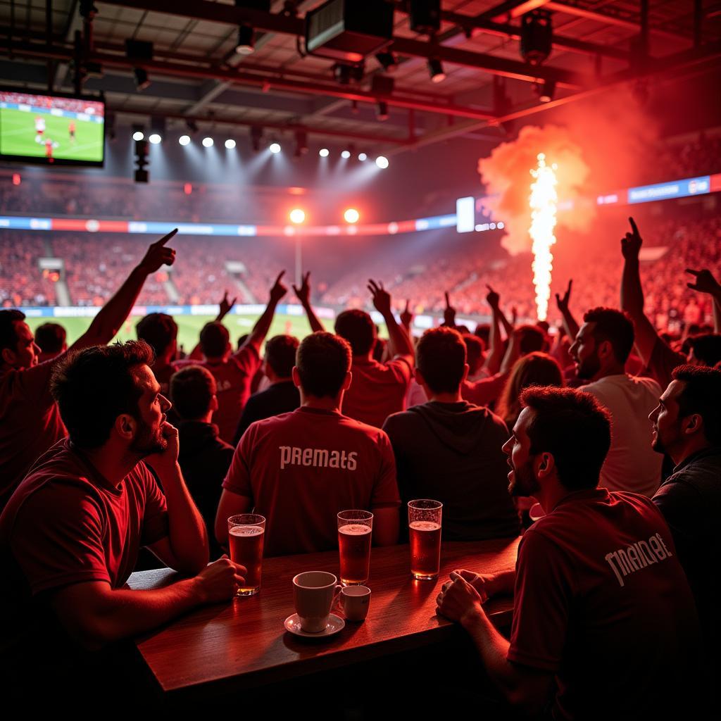 Fußballfans im The Pub Leverkusen genießen das Spiel.