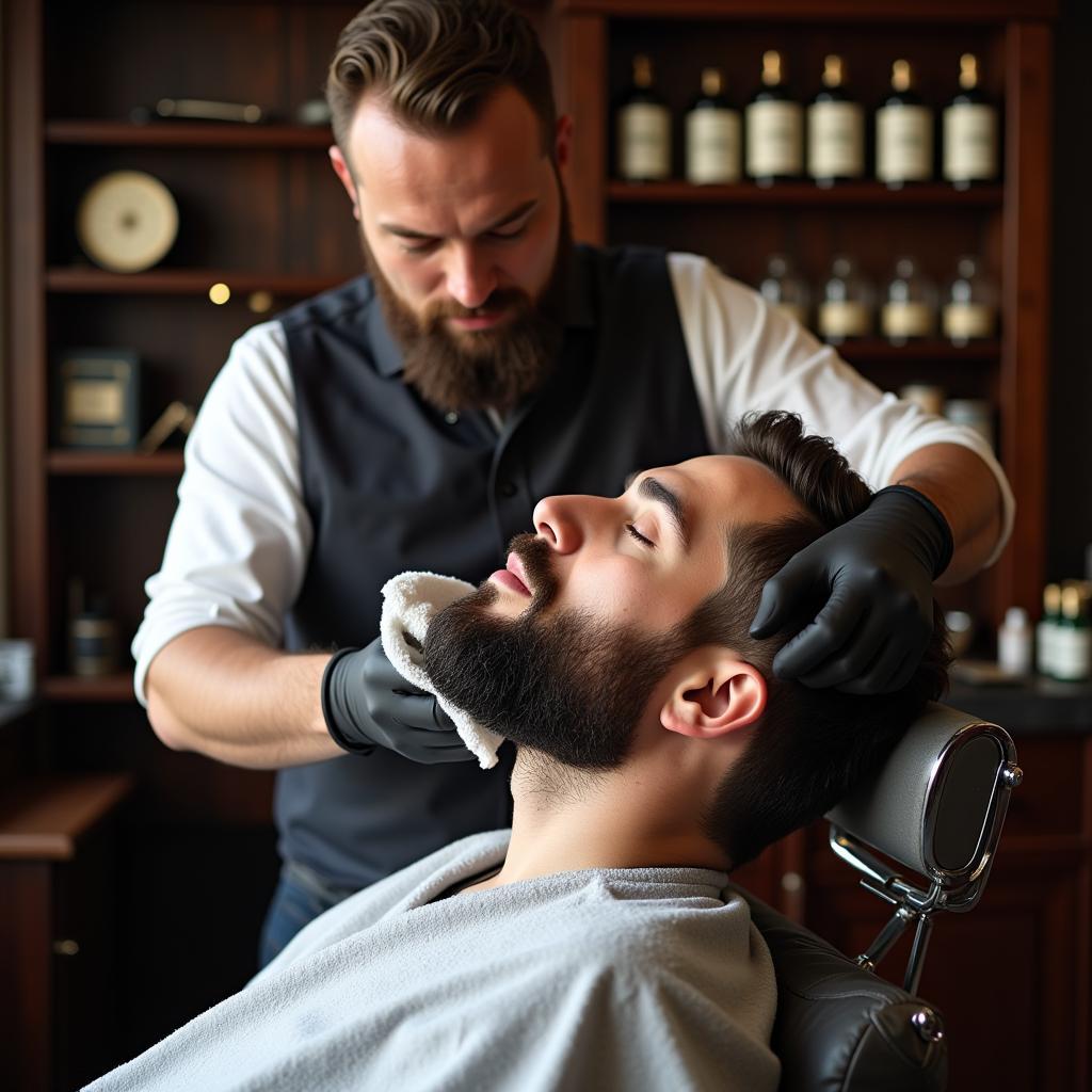 Traditionelle Bartpflege in einem Leverkusener Barber Shop mit heißen Handtüchern und Rasiermessern.