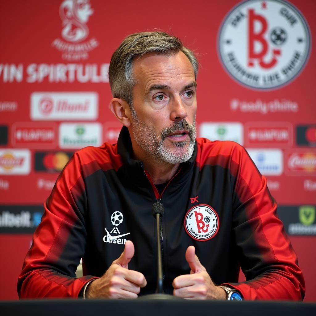 Trainer von Bayer 04 Leverkusen bei Pressekonferenz