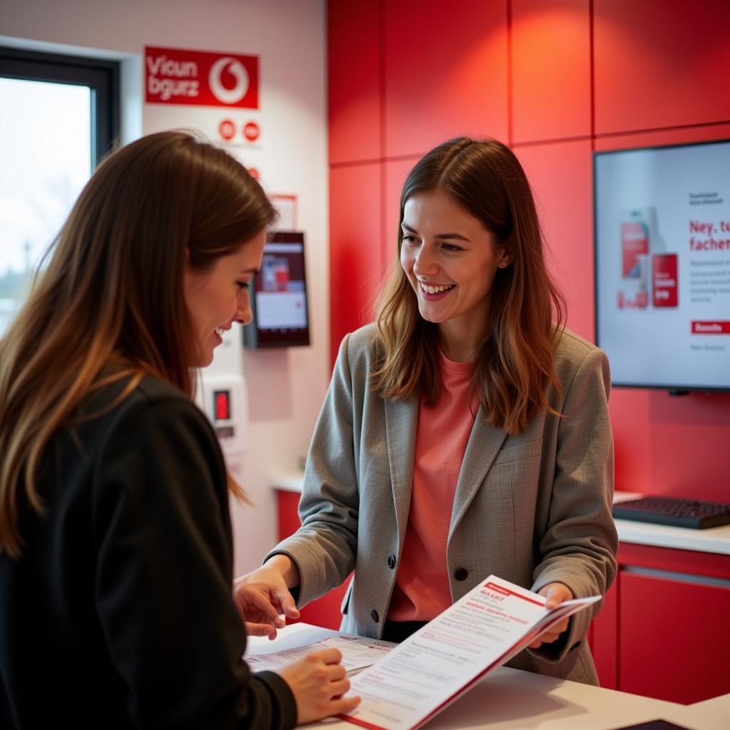 Ein Vodafone Mitarbeiter berät einen Kunden zu den verschiedenen Mobilfunktarifen