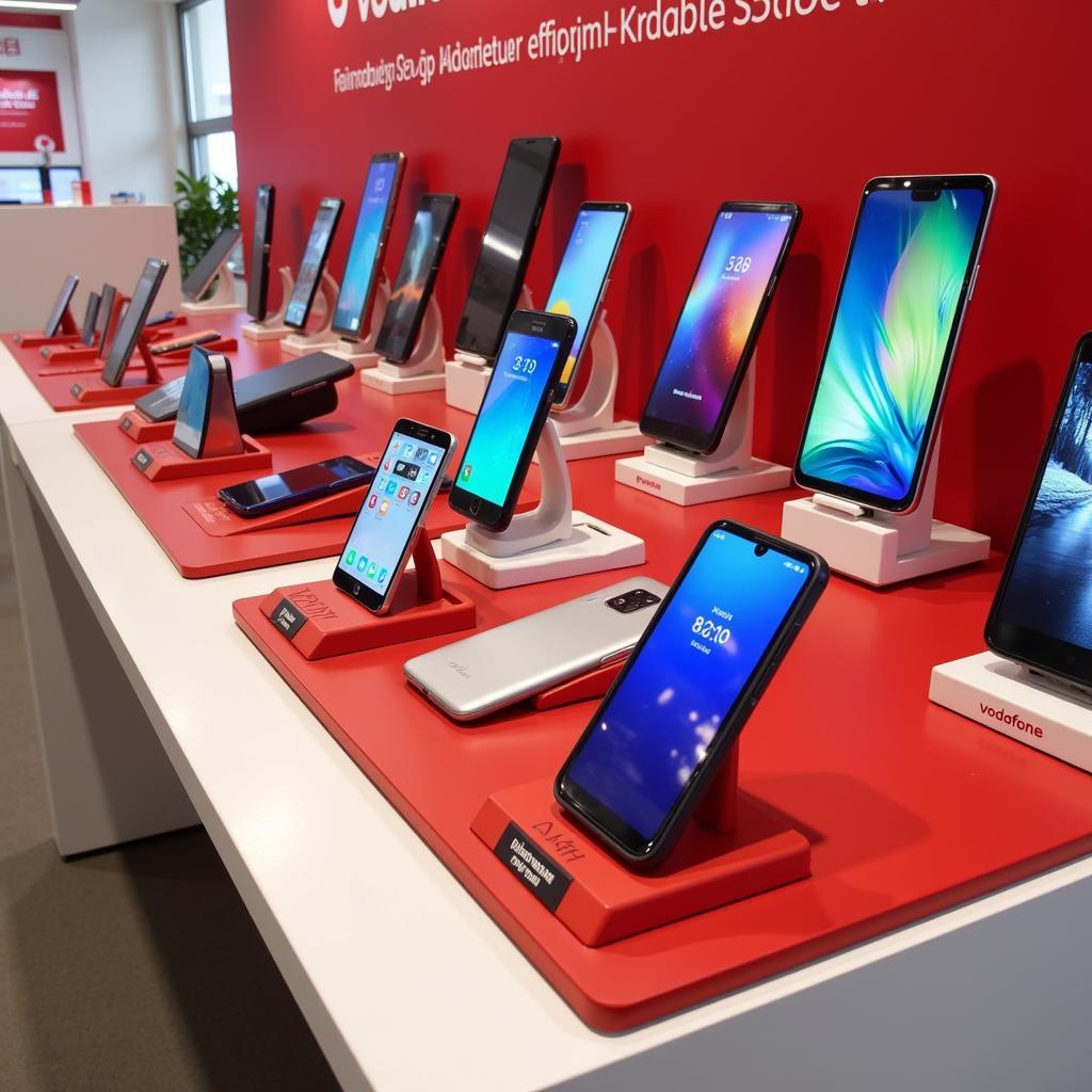 Eine Auswahl an Smartphones im Vodafone Shop Leverkusen